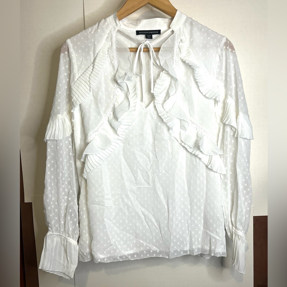 Boston Proper Women’s Size S White Ultra Romantic Frilly Polyester Blouse